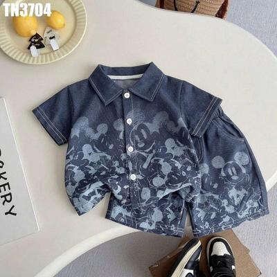 Set Bộ Áo Sơ Mi Tay Ngắn Họa Tiết Quần Đùi Denim Cho Bé Trai 1-5 Tuổi MINTSCLOSET Quảng Châu TN3704