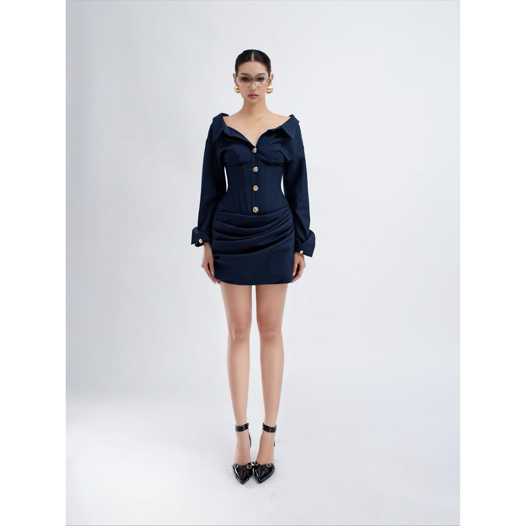 LUNALE- Soralia váy cổ sơ mi bẹt vai eo corset xếp ly tùng váy màu xanh đen.