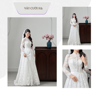áy Đi Bàn Cô Dâu Màu Trắng Tay Dài  Phối Ren, Thân Liền Dáng Dài Chạm Đất Th