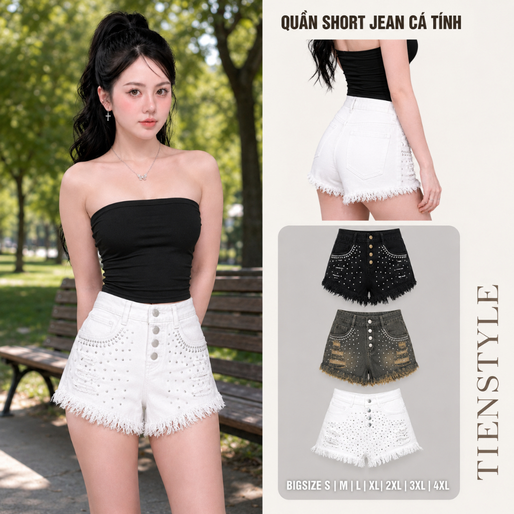 TIENSTYLE - Quần Short Jean 4 Nút Đính Đá Lấp Lánh Bling Bling Màu Trắng Cào Rách Cá Tính