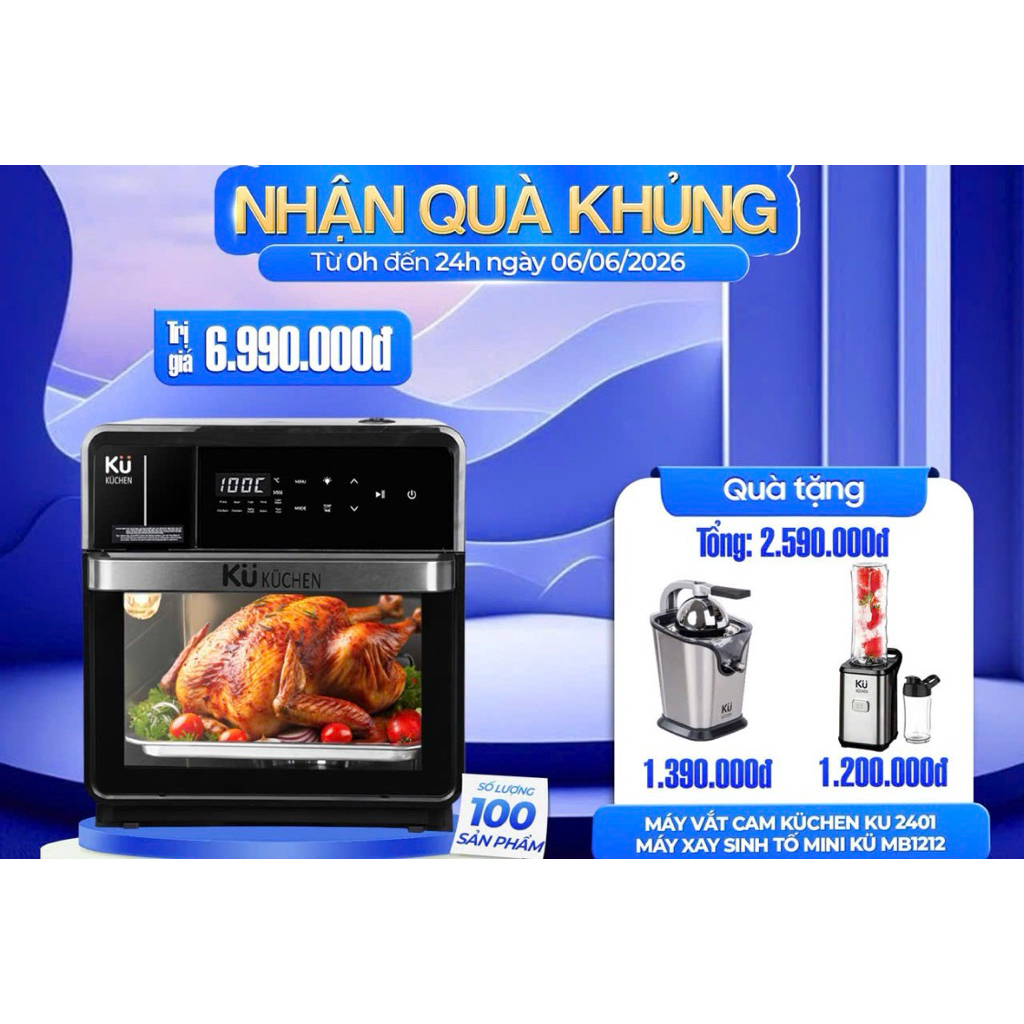 Nồi chiên không dầu kết hợp hấp KUCHEN KU PCL2228 16L bảo hành 24 tháng l Sẵn phụ kiện thay thế