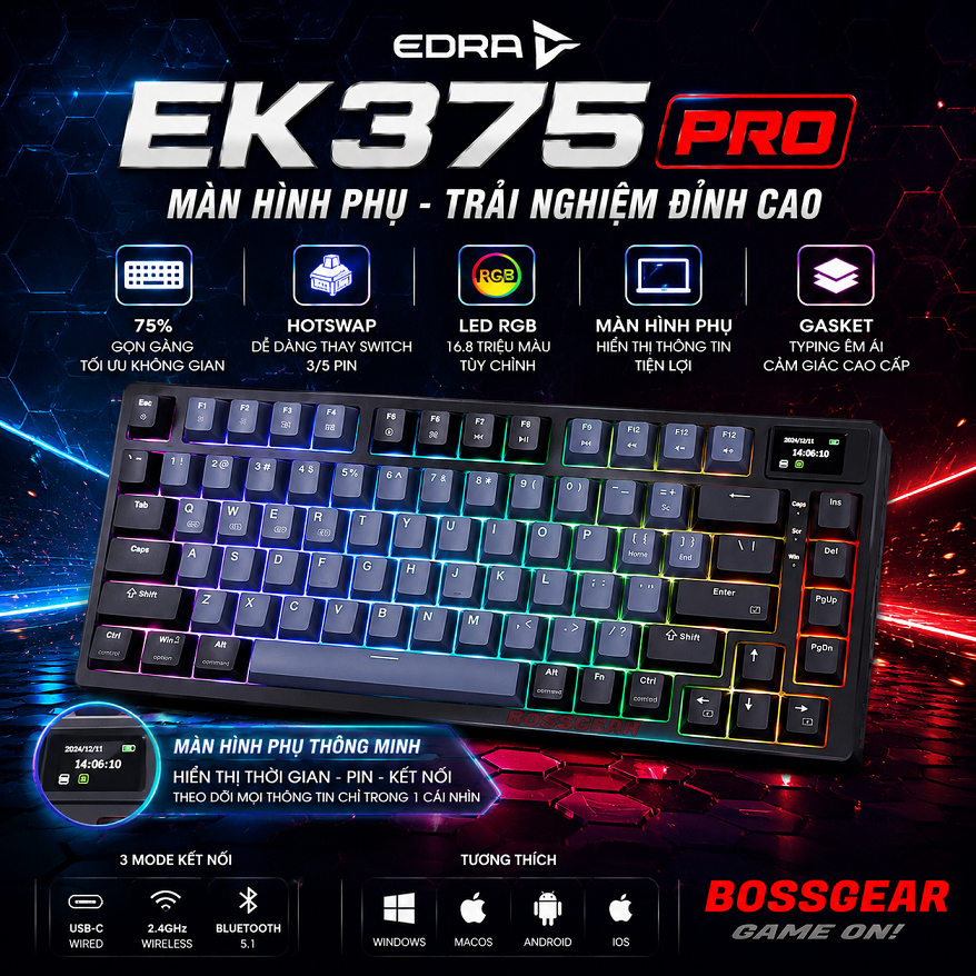 Bàn phím cơ không dây E-DRA EK375 PRO, 3 modes, LED RGB, mạch xuôi, hotswap 5 chân, màn hình phụ (Bl