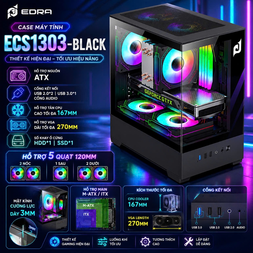 Case máy tính EDRA ECS1303 - Black FULL VAT - CHÍNH HÃNG
