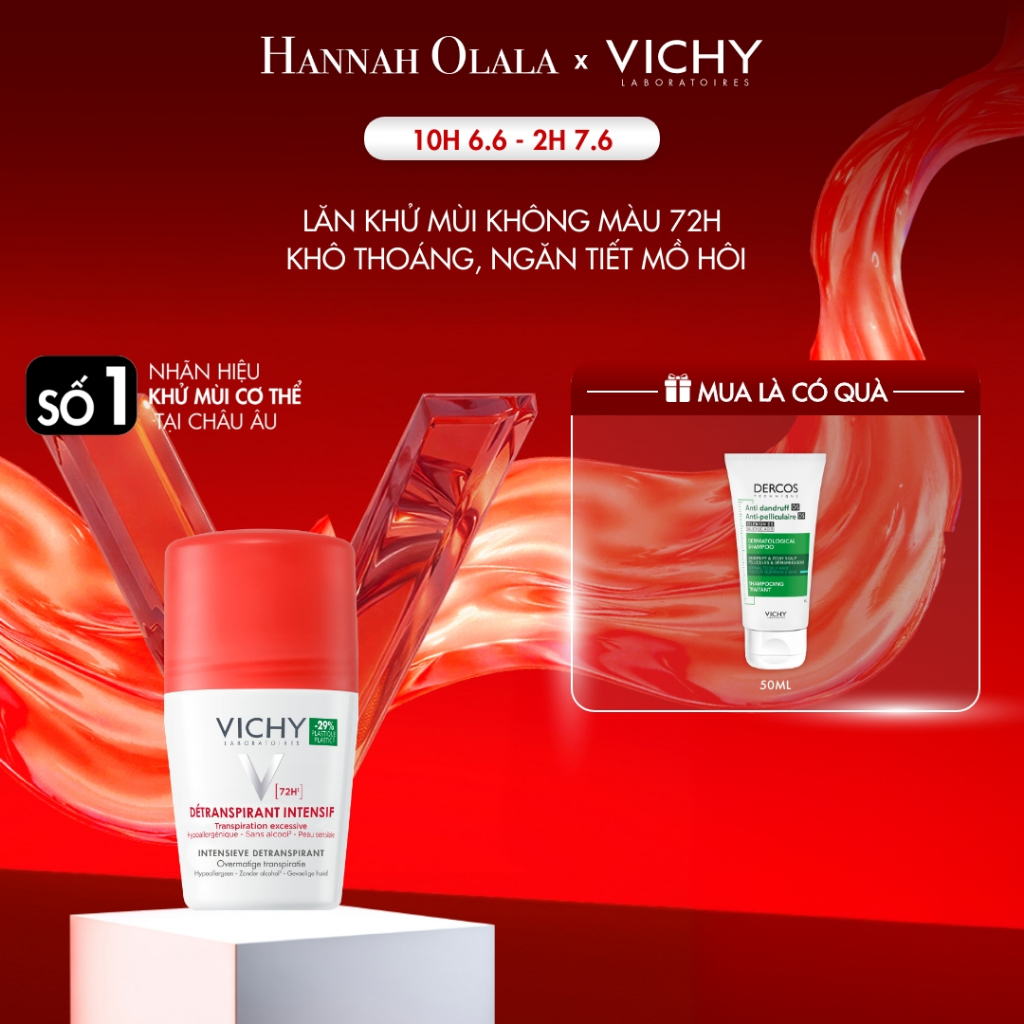 Lăn khử mùi Vichy khô thoáng, ngăn ngừa và giảm tiết mồ hôi 72H, không gây kích ứng, sạm da 50ml