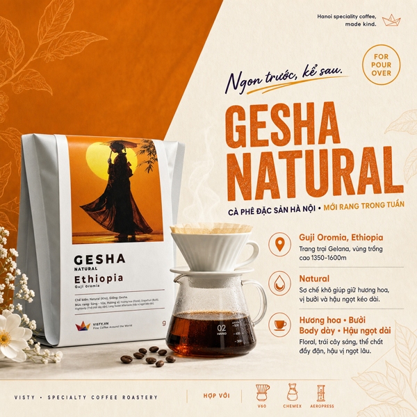 Cà phê Arabica Ethiopia Gelena Gesha Visty rang sáng - Dành cho Pour Over