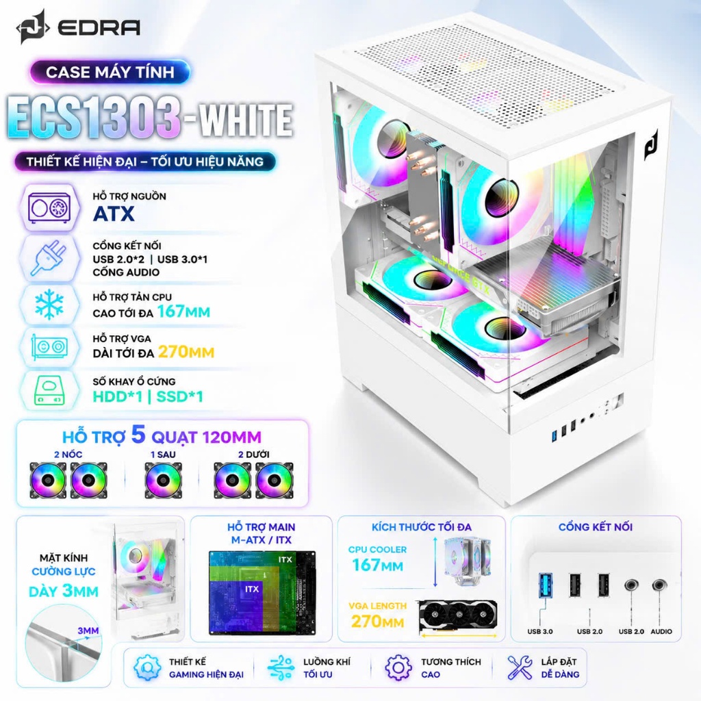 Case máy tính EDRA ECS1303 - White full vat - chính hãng