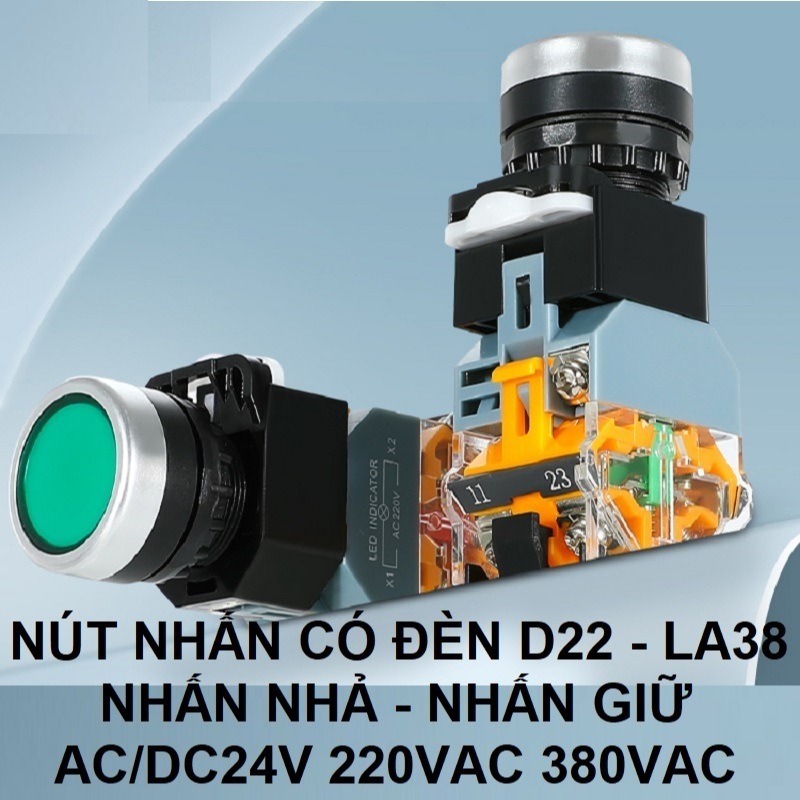 Nút nhấn Nút ấn Nút đề có đèn 24V 220V 380V phi 22mm LA38-11D nhả, LA38-11DS giữ (Đơn tối thiểu 50K)