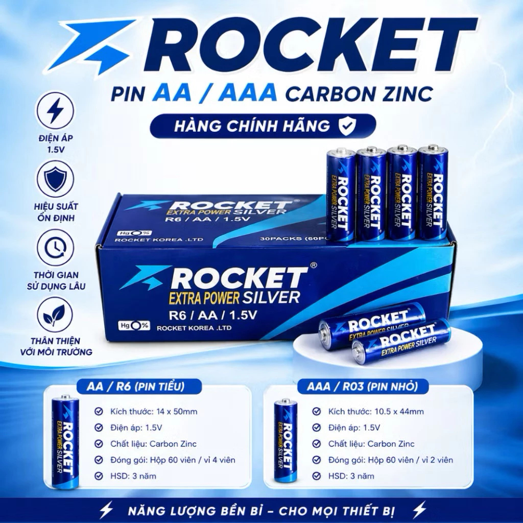 Combo 12/30/60 Viên Pin AA / AAA Rocket Carbon (R6 - R03) Carbon Zinc - Hàng Chính Hãng