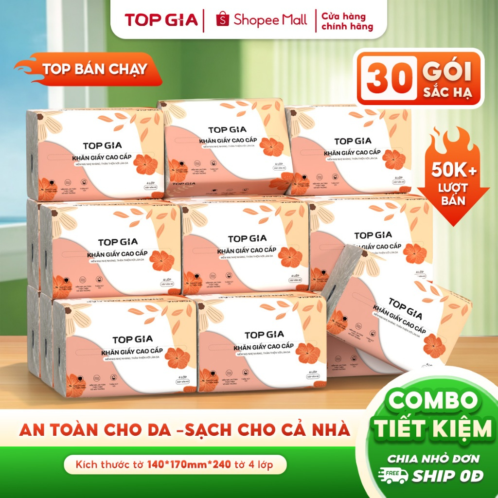 Giấy ăn rút để bàn Top Gia, giấy sắc hạ cao cấp 4 lớp dập vân dày dặn thấm hút…