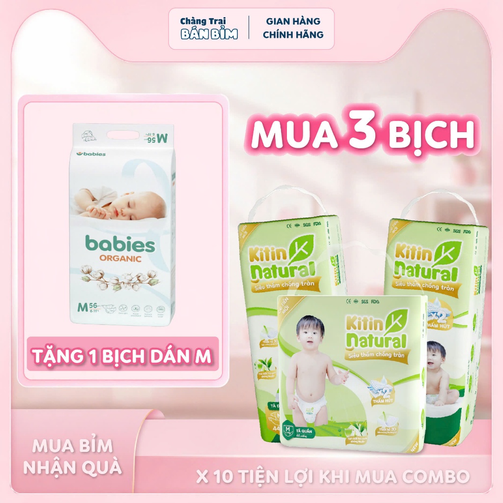 [TẶNG 1 BỊCH BABIES  DÁN M] 3 BỊCH Tã Bỉm KITIN NATURAL - Bỉm hè Mỏng thoáng, thấm hút 1200ml đủ siz