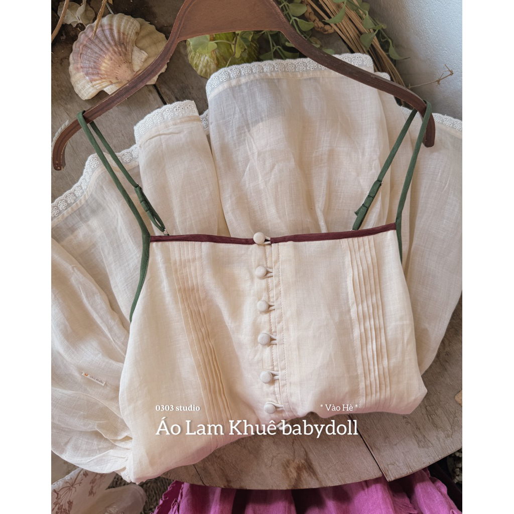 | 0303 studio | áo 2 dây linen babydoll - dòng Lam Khuê