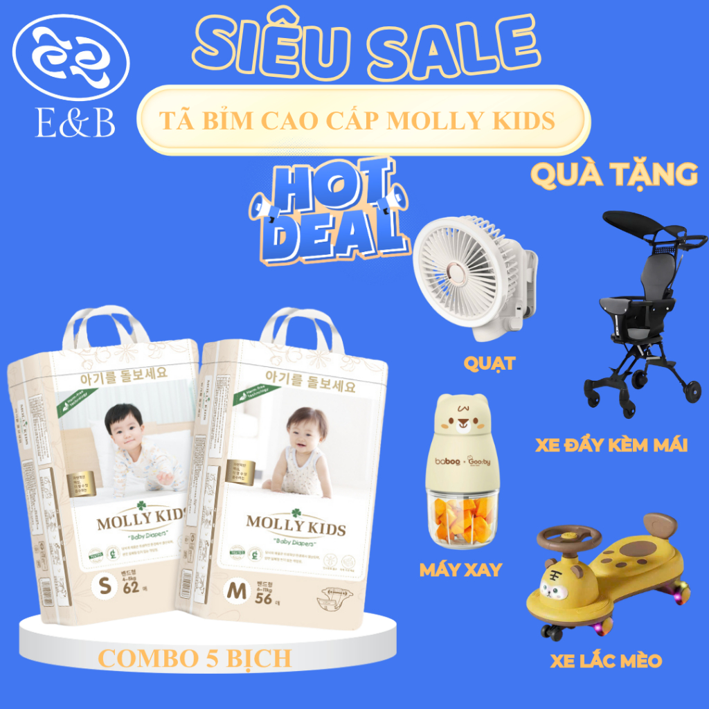 [CHÍNH HÃNG - 5 BỊCH ] Tã Bỉm MOLLY KIDS Nội Địa Hàn Quốc Dán/Quần Đủ Size, Mềm Mịn, Thấm Hút Nhanh,