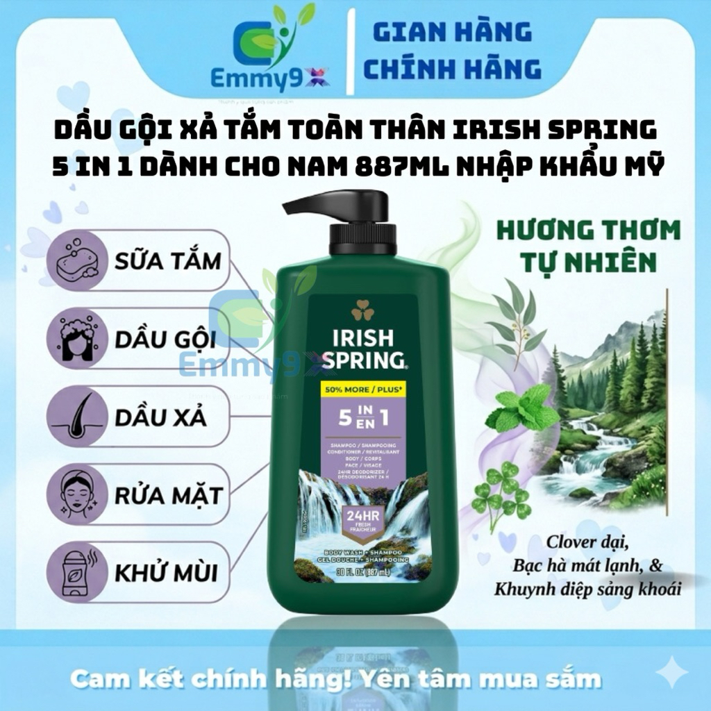 DẦU GỘI XẢ TẮM TOÀN THÂN IRISH SPRING  5 IN 1 DÀNH CHO NAM 887ML NHẬP KHẨU MỸ