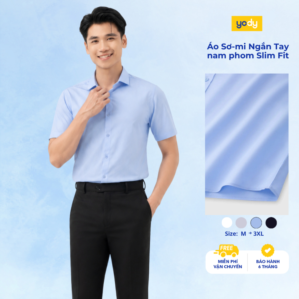 Áo sơ mi nam Yody ngắn tay vải lụa nến chống nhăn dáng slimfit  TRA - MOSS26A012