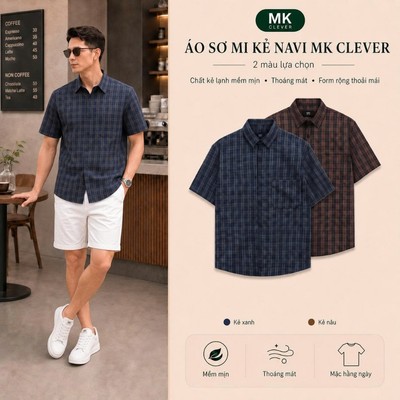 Áo Sơ Mi nam Navi MKCLEVER Chất kẻ lạnh Hàn mềm mịn, thoáng mát, chống nhăn, form rộng mặc hằng ngày