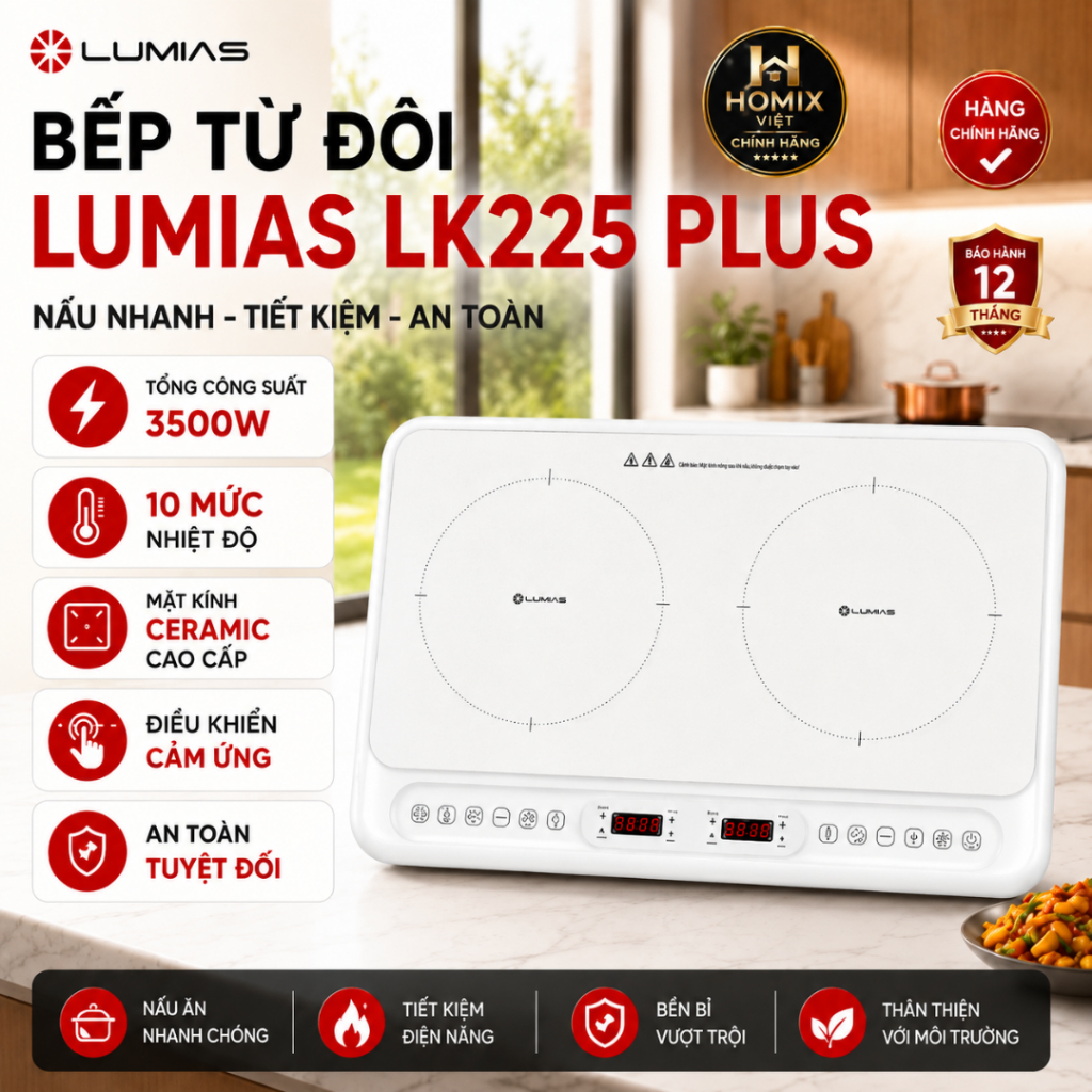Bếp Từ Đôi Lumias LK225 Plus Chính Hãng 10 Mức Nhiệt 3500W Khóa Trẻ Em Mặt Kính Ceramic BH 12 Tháng