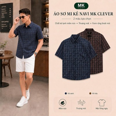 Áo Sơ Mi nam cổ Đức Navi MKCLEVER Chất kẻ lạnh Hàn mềm mịn, thoáng mát, chống nhăn, form rộng mặc hằng ngày