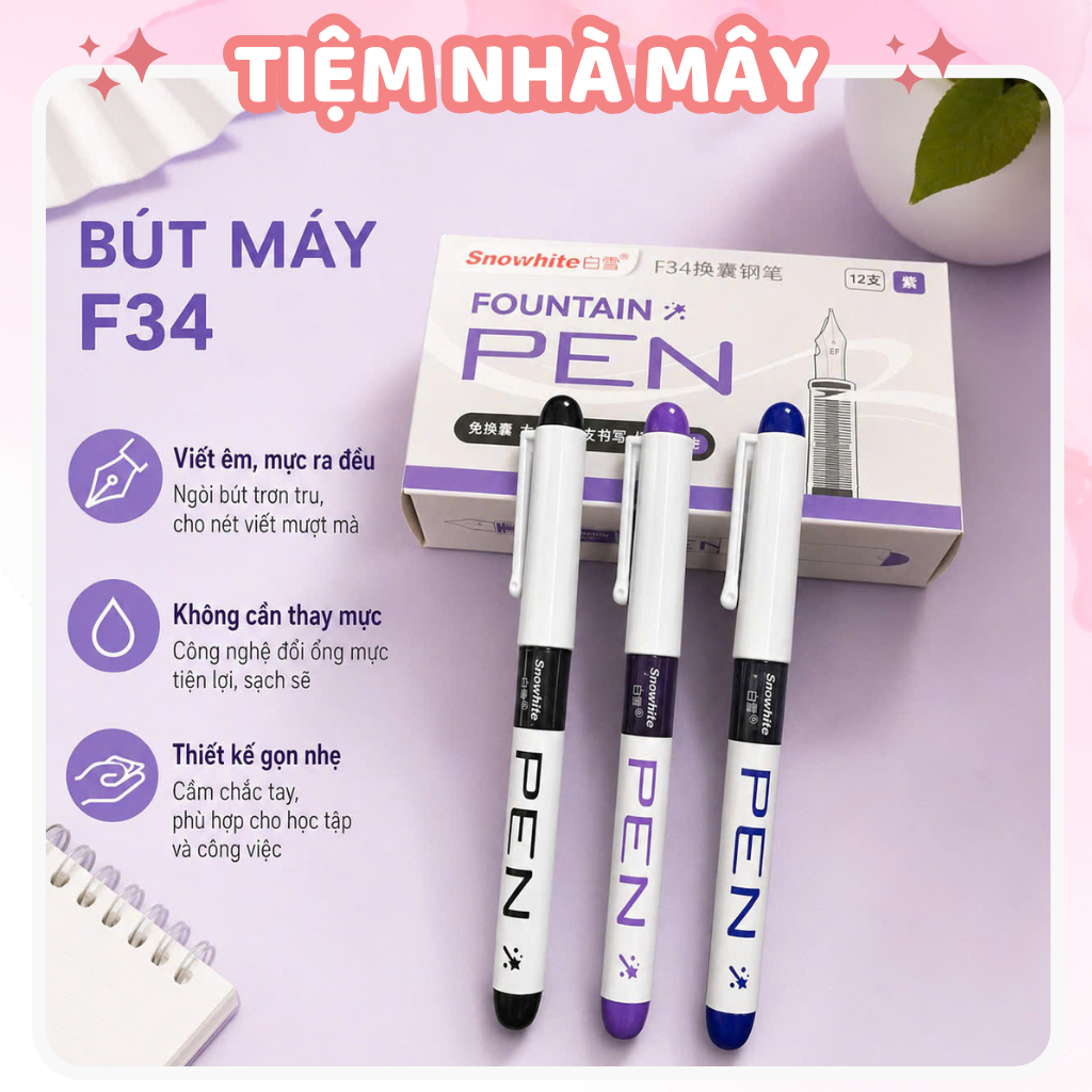 Hộp 12 bút máy mực Gel Nước ngòi 0.38mm Cao Cấp Snowhite Mực Nhanh Khô, Không Lem, Dung Tích Lớn, Vi