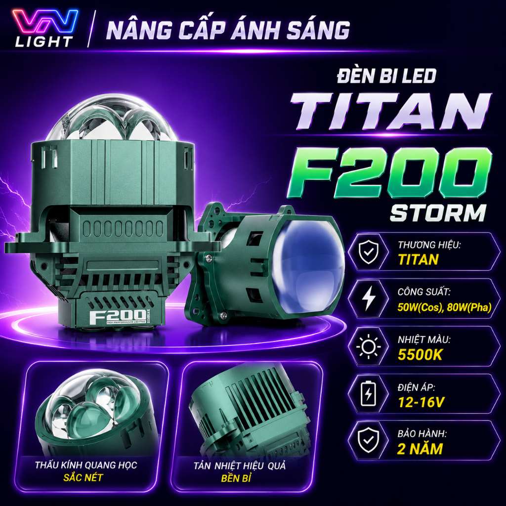 Đèn Bi LED Titan F200 Storm 80W Chính Hãng Siêu Sáng Cos Pha Rõ Nét Bám Đường Tốt Cao Cấp BH 2 Năm