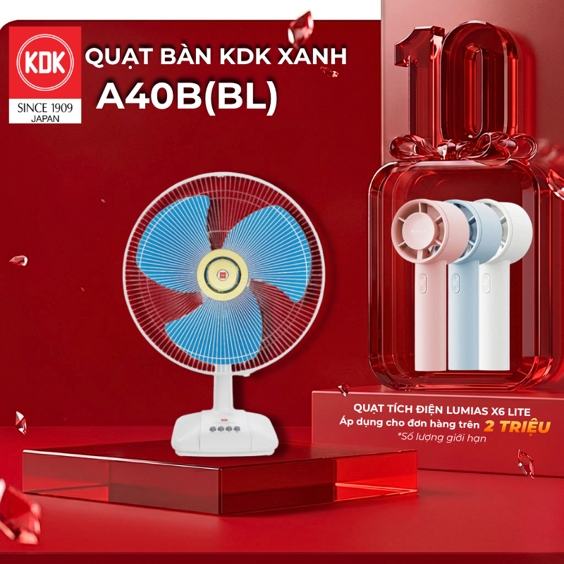 Quạt bàn Nhật 3 mức gió KDK xanh A40B (BL) - Bảo hành chính hãng 12 tháng