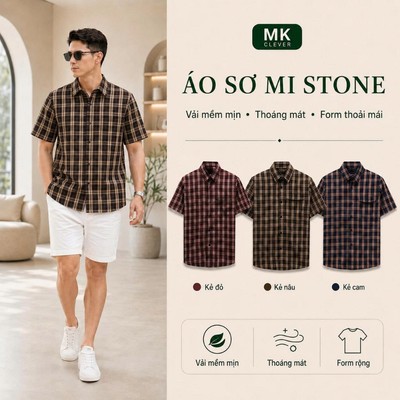 Áo Sơ Mi kẻ nam Stone MKCLEVER Chất kẻ lạnh Hàn mềm mịn, thoáng mát, chống nhăn, form rộng mặc hằng ngày