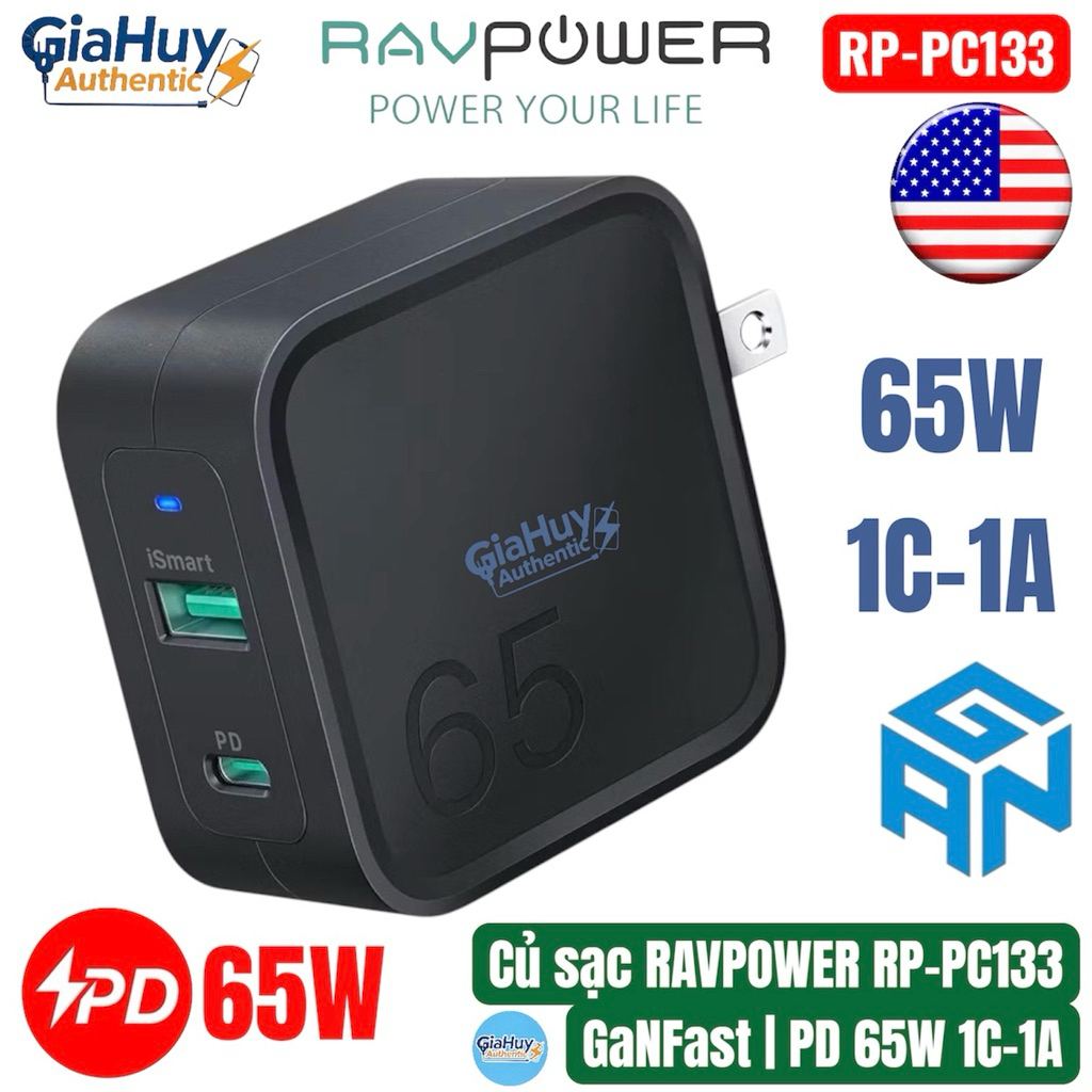 Củ sạc nhanh RAVPOWER RP-PC133 PD 65W GaN 1C-1A