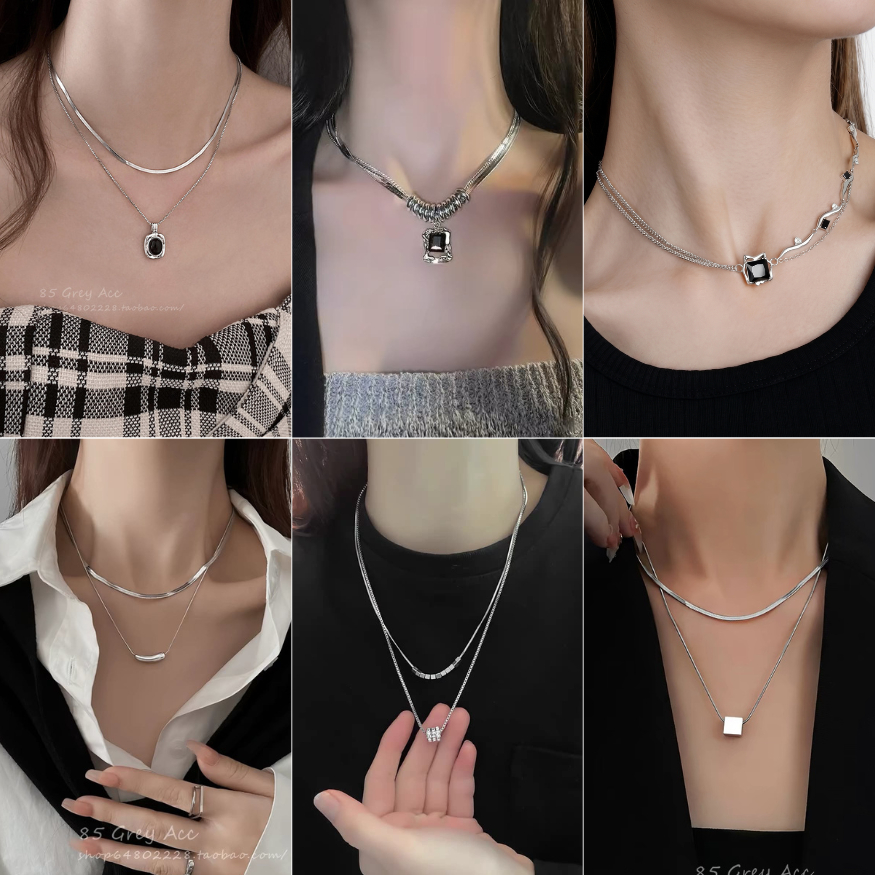 Dây Chuyền Nữ Mạ Bạc Mặt Đá Đen Vuông Cao Cấp, Vòng Cổ Layer 2 Tầng Không Gỉ Sang Trọng Phong Cách H
