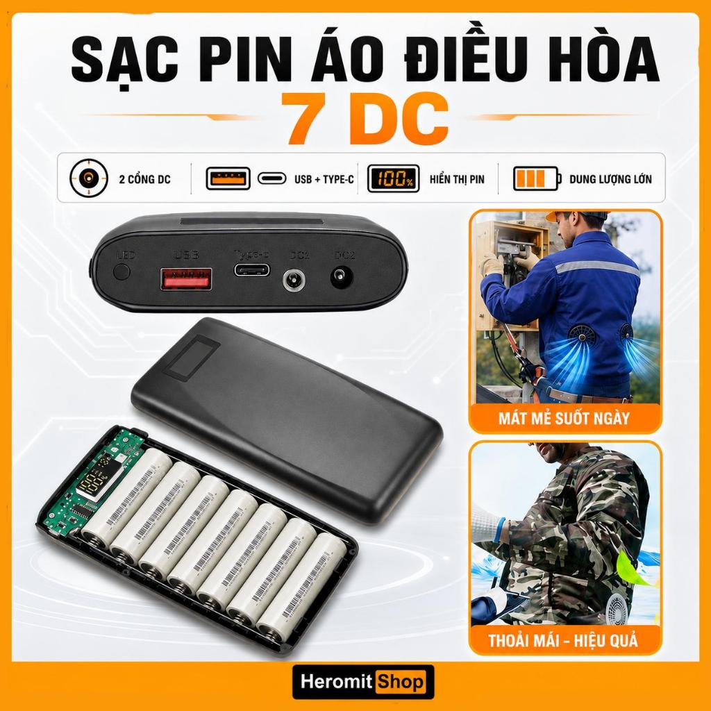 Vỏ Pin Áo Điều Hòa 7 Cell 5V-12V, Box Sạc Dự Phòng Nhanh 22W Dùng Pin 18650