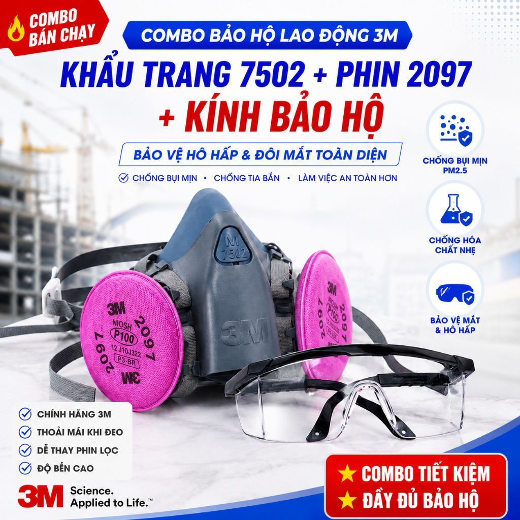 Combo Bảo Hộ Lao Động Mặt Nạ 3M 7502 + Phin Lọc 2091 + Kính Bảo Hộ Chống Bụi Chính Hãng