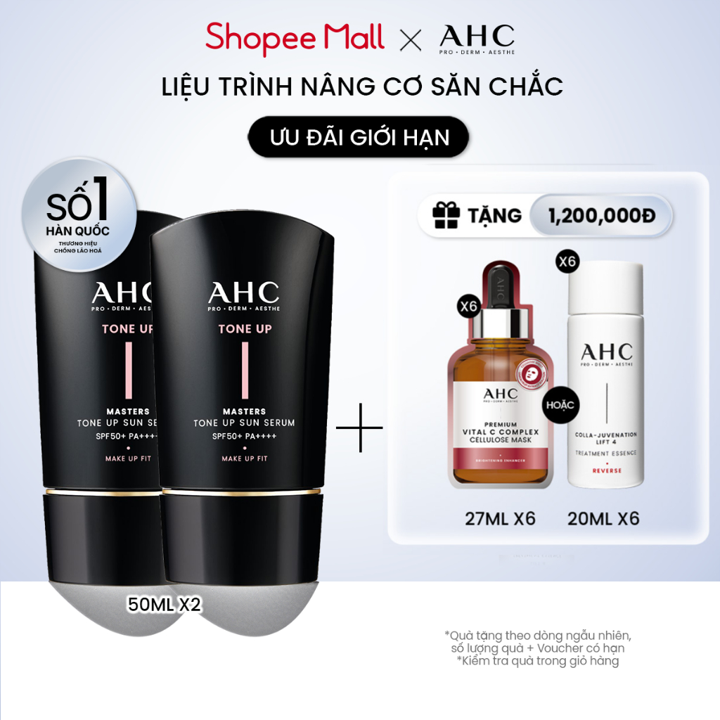 [Hàng mới về] Bộ đôi Serum Chống Nắng Hiệu Chỉnh Sắc Da, Nâng Tone Chuẩn Hàn (50 ml x 2) AHC MASTERS TONE UP SUN SERUM
