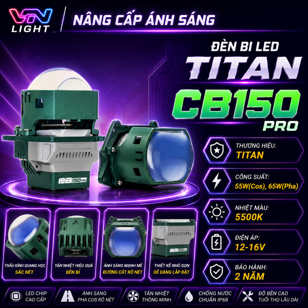Đèn Bi LED Titan CB150 Pro 65W Chính Hãng Siêu Sáng Cos Pha Rõ Nét Bám Đường Tốt Cao Cấp BH 2 Năm