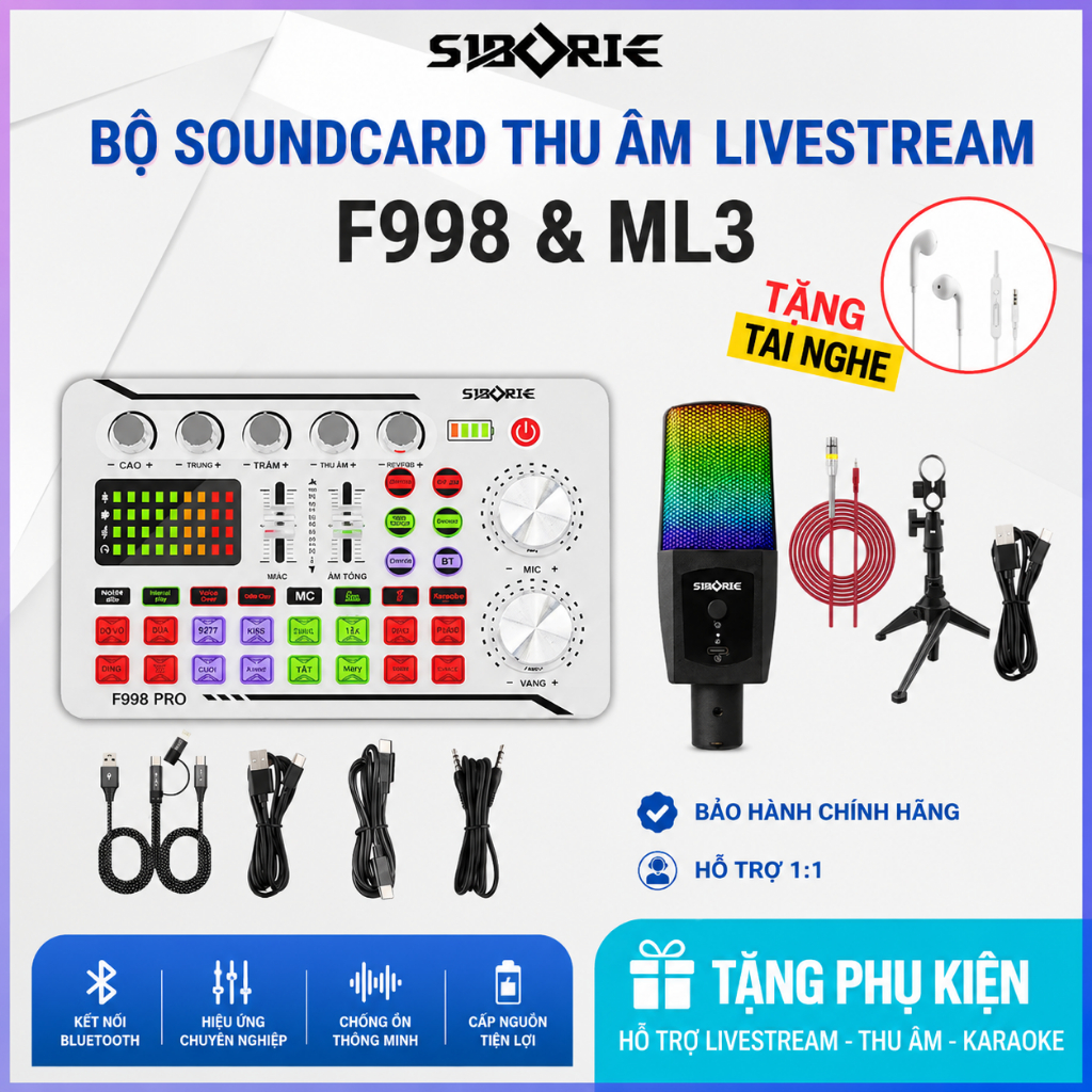 Combo Livestream SIBORIE F998 & Mic ML3 Chuyên PK Đấu Mic TikTok - Bộ Mic Thu Âm Có Đủ Hiệu Ứng Vỗ T
