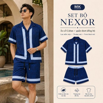Set Bộ Nam Nexor MK CLEVER chất lụa mịn mát, áo thiết kế cổ Cuban thoáng mát, co giãn, form dáng thoải mái, trẻ trung