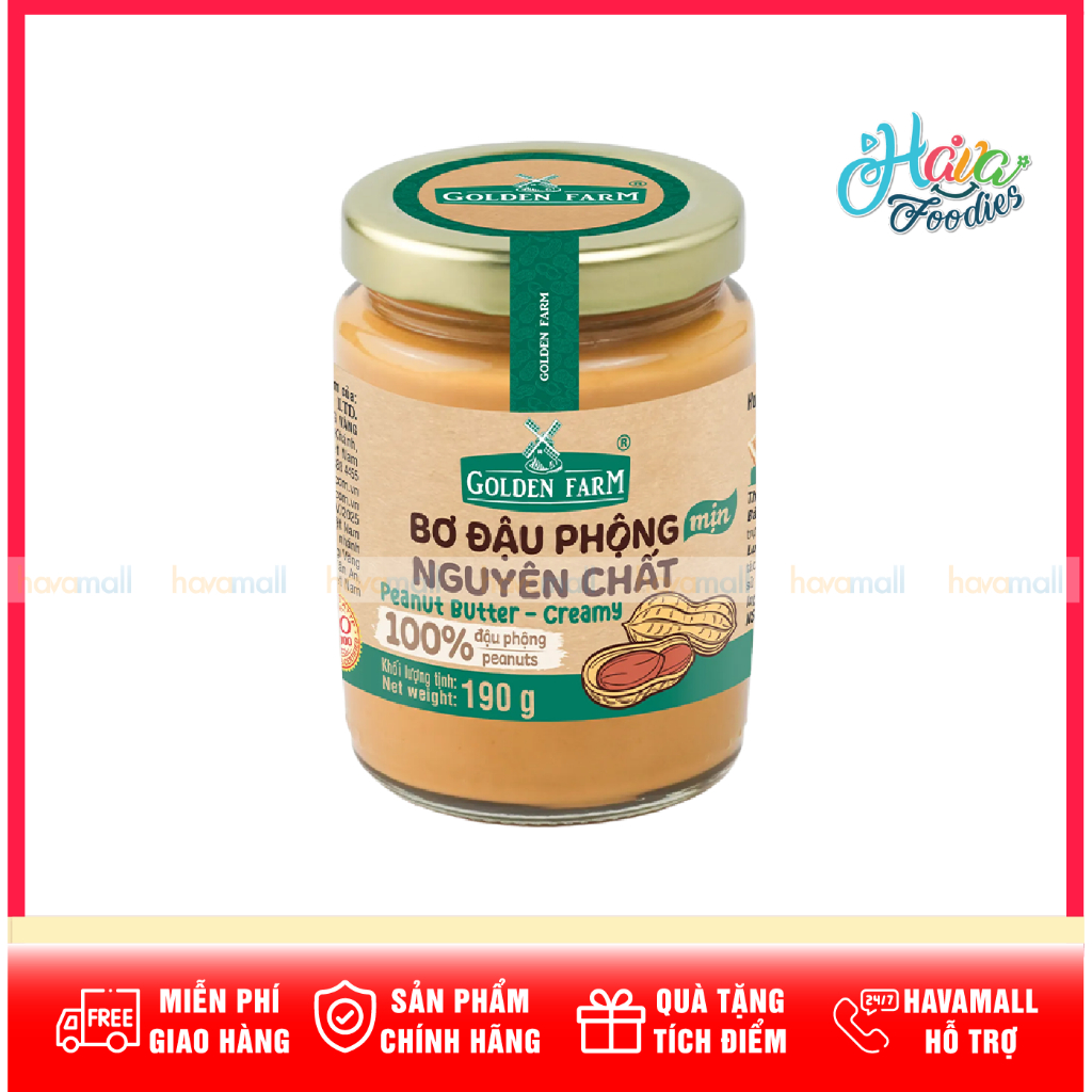 Bơ Đậu Phộng Mịn Tự Nhiên Golden Farm Hũ 190g – Creamy Peanut Butter 100% Peanuts