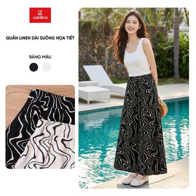 Quần ống rộng nữ CARDINA chất liệu linen dài suông họa tiết 6QDR05