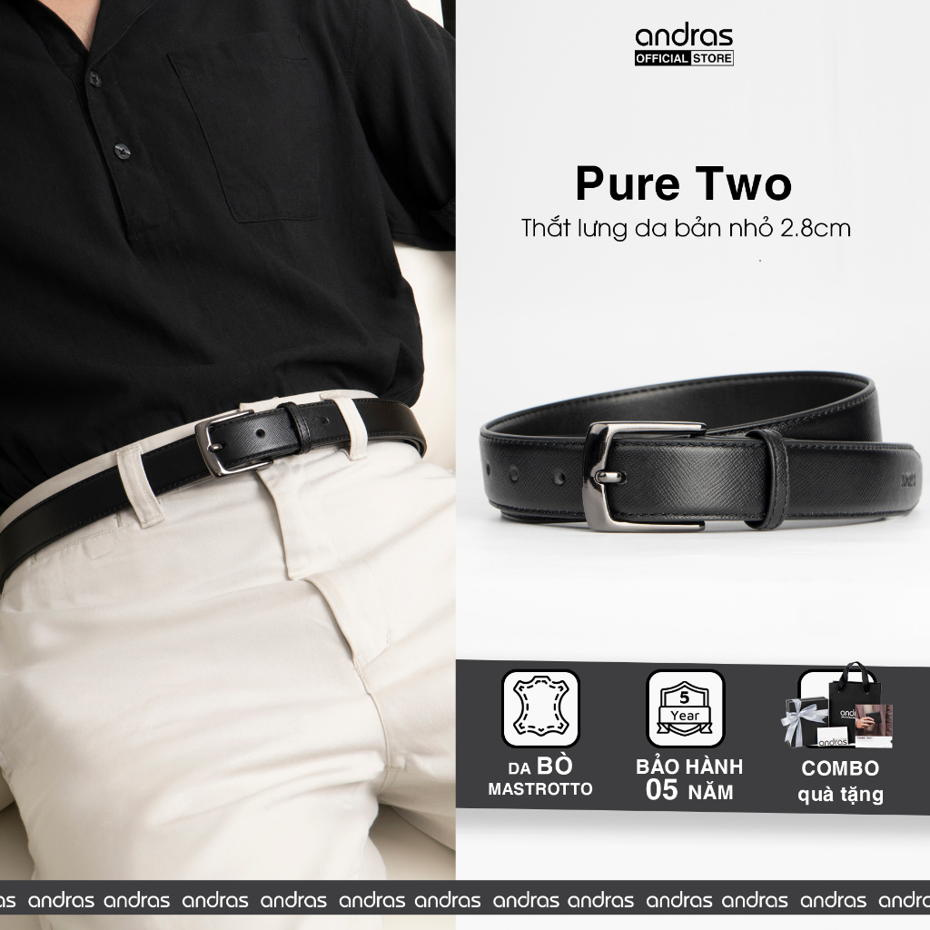 Thắt lưng nam bản nhỏ 2.8cm Pure Two Belt da bò Mastrotto dây lưng khóa kim Andras cao cấp - TL08