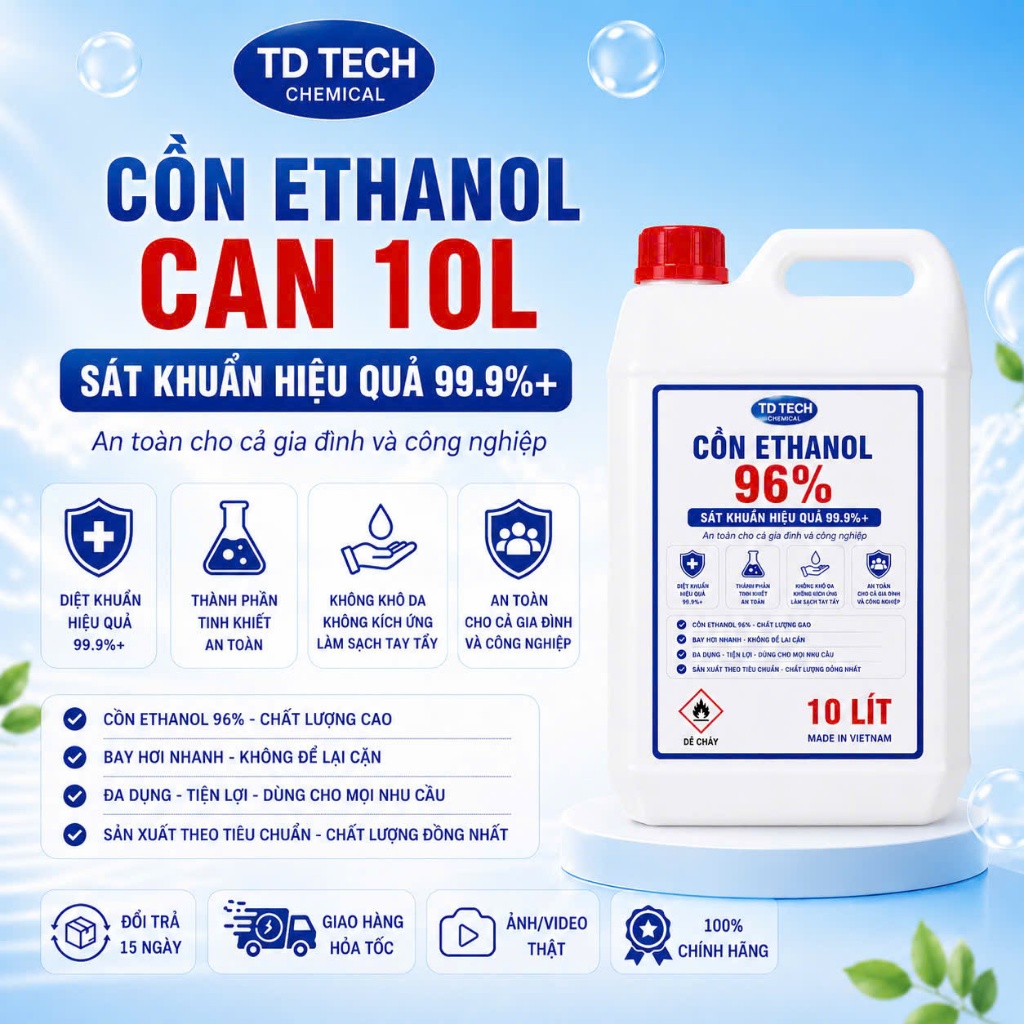 Cồn Ethanol 96% Can 10 Lít | Cồn Công Nghiệp 96 Độ, Ethanol Nguyên Chất, Bay Hơi Nhanh, Chất Lượng C