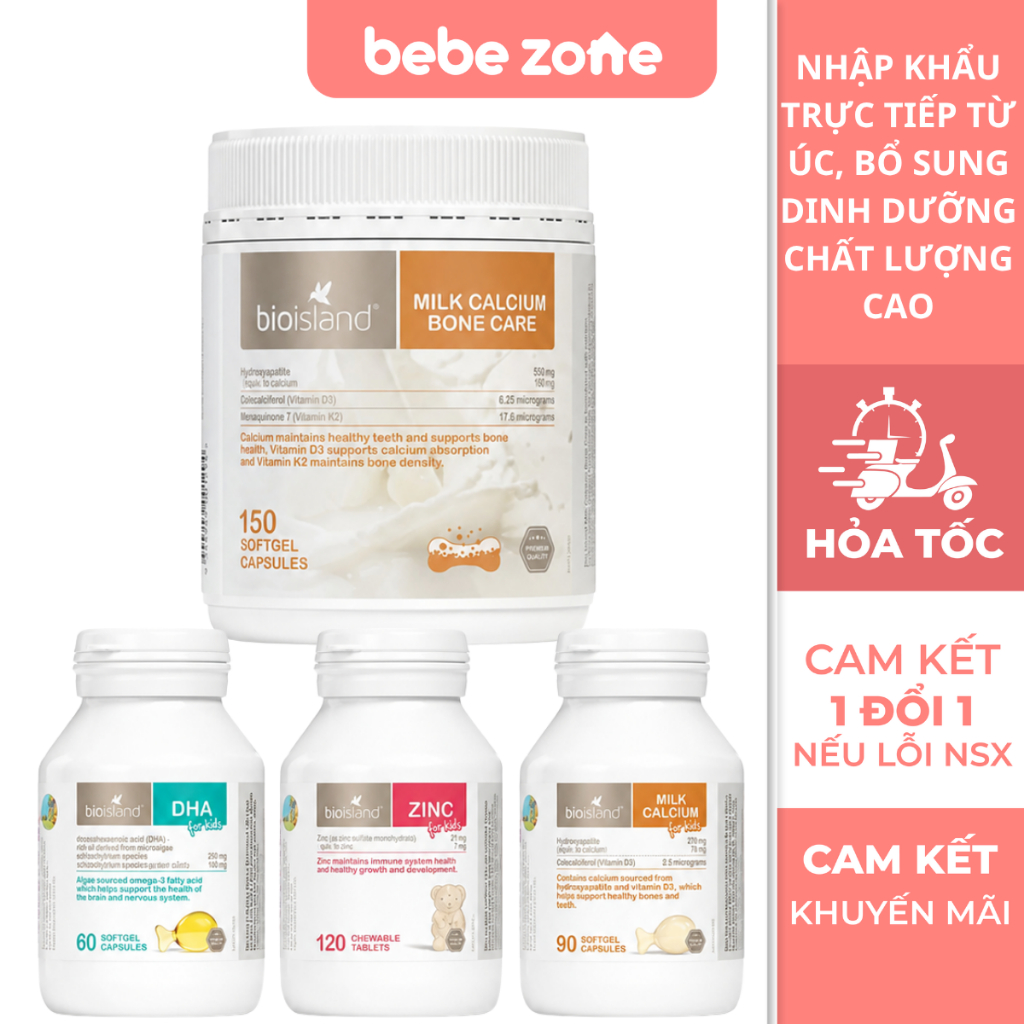 Combo Bio Island Úc cho bé và gia đình -Bio Island DHA, kẽm,canxi kids,canxi bone care
