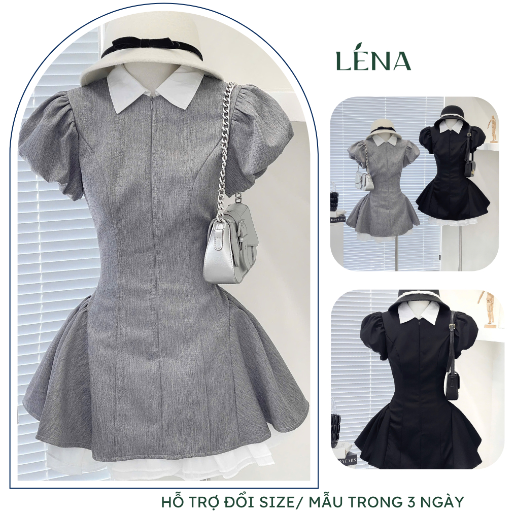 (Có Bigsize)  Đầm sơ mi tay phồng  dáng xòe, Váy sơ mi cổ trắng bèo LENA trẻ trung năng động 3165
