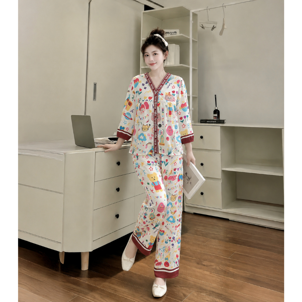 H18 Set Pijama Lụa Latin Thoáng Mát Thiết Kế Trẻ Trung Họa Tiết Kẻ Sọc Dọc Chất Liệu Cao Cấp Vải Lụa