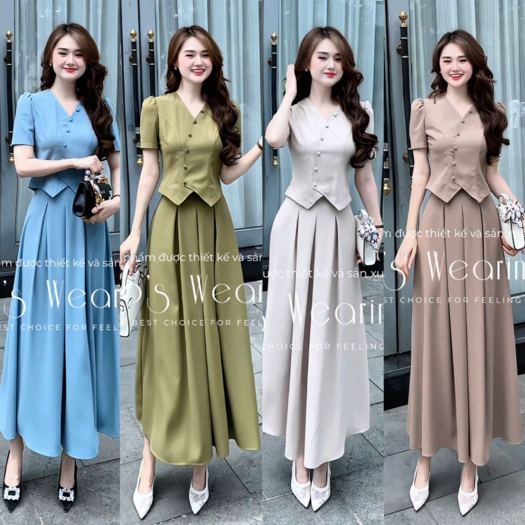 LEOSWEARING Set Quý Cô Công Sở Chéo Nhật, Áo Gile Vạt Chéo Phối Chân Váy Xếp Ly G370 G371
