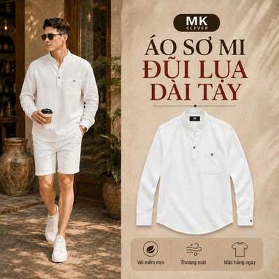 Áo Đũi Lụa Nam Dài Tay Màu Trắng Prime MK CLEVER Chất liệu đũi lụa mềm mịn, thoáng mát, lên dáng đẹp, form tiêu chuẩn