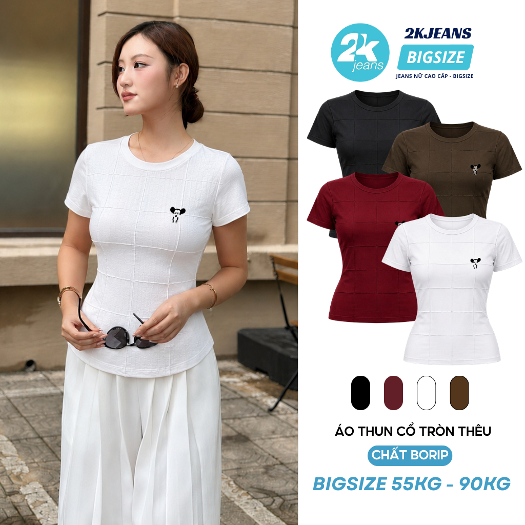 Áo Thun Nữ Tay Ngắn Bigsize Thun Ô Vuông Thêu Họa Tiết Chất Borip Cotton Siêu Giãn AT9055 2KJeans