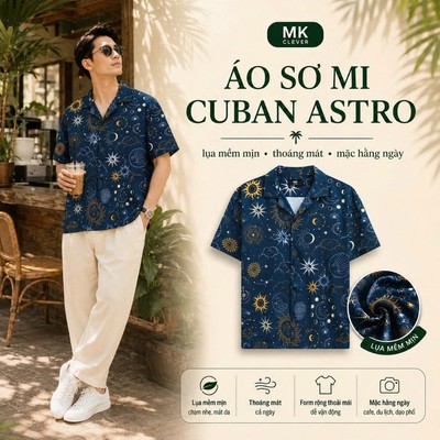 Áo Sơ Mi Cuban nam Astro MKCLEVER Chất lụa mềm mịn, thoáng mát, chống nhăn, form rộng mặc hằng ngày