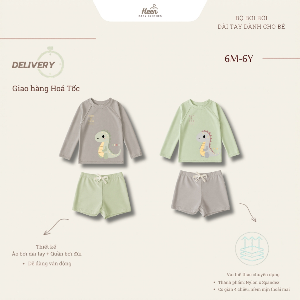 [Có sẵn] Đồ bơi cho bé trai dài tay áo bơi dài tay + quần bơi đùi thể thao chuyên dụng thoải mái HEE