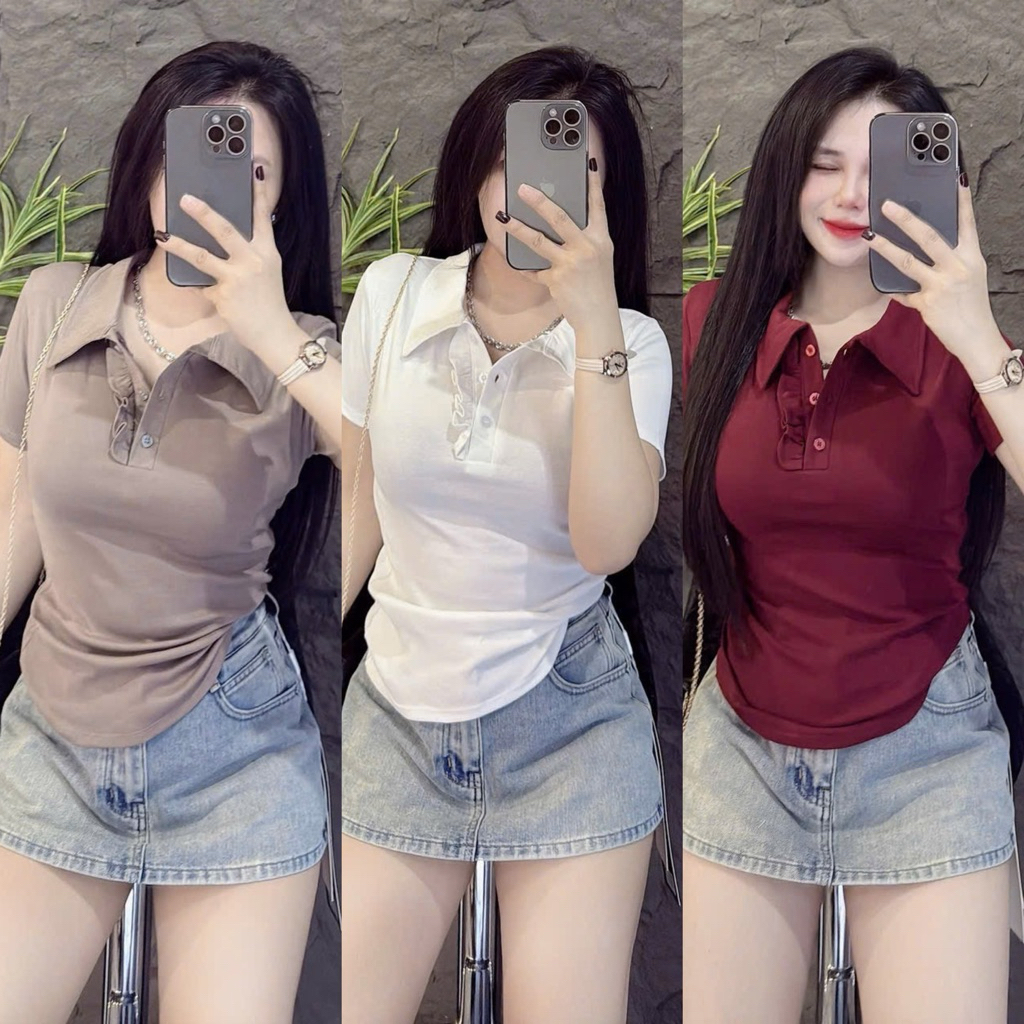 Áo Thun Nữ Polo Tay Ngắn Phom Ôm Phối Cúc Bèo ( Polo P19 )