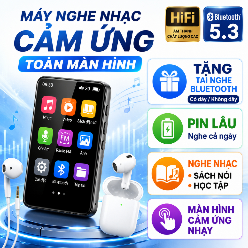 Máy nghe nhạc MP3 cảm ứng Fullscreen, kết nối WiFi, 128GB,  đọc truyện tiểu thuyết