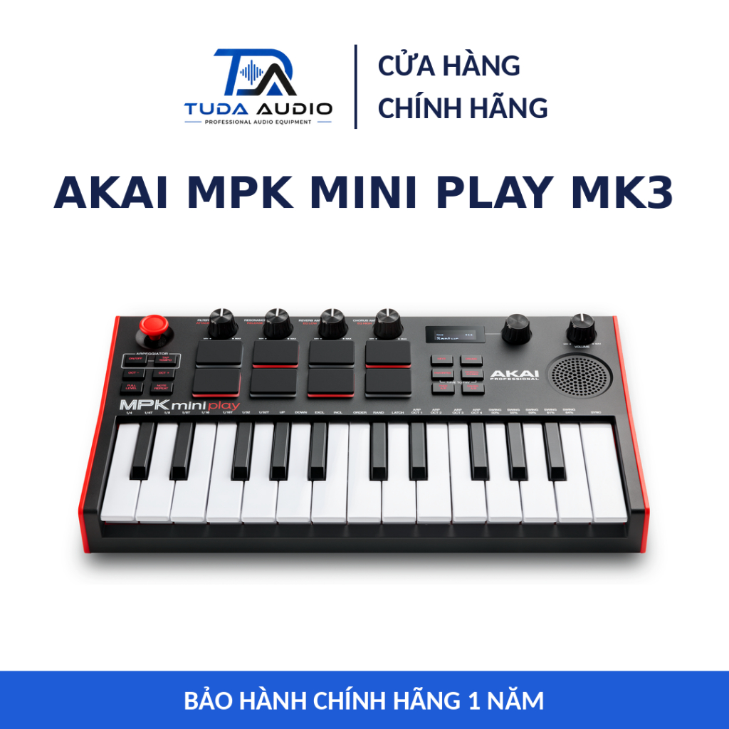 Akai MPK Mini Play MK3 - Đàn MIDI Mini 25 Phím Có Sẵn Tiếng Loa 8 Pad MPC Arpeggiator - Chính Hãng