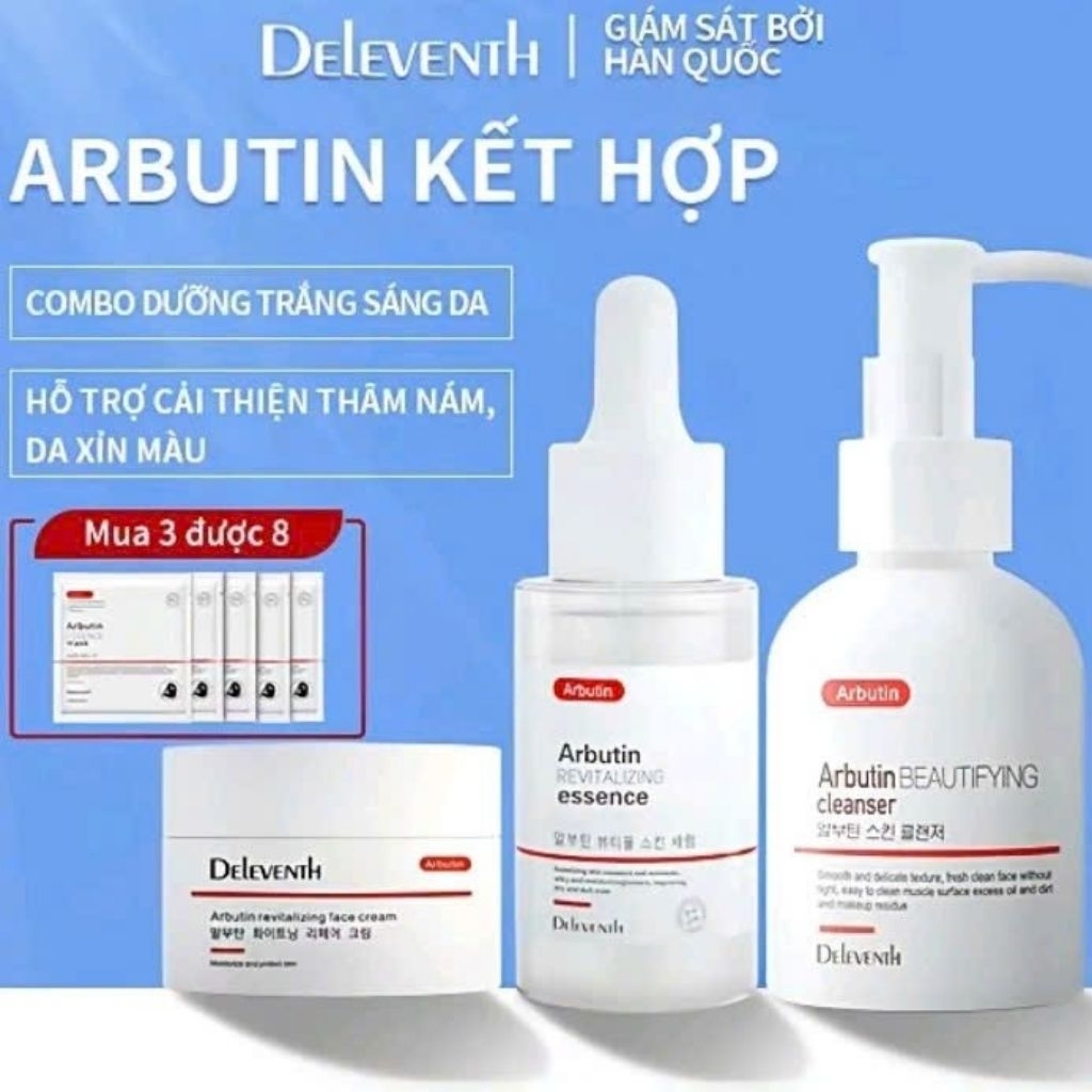 DELEVENTH Combo Alpha Arbutin sáng da, dịu nhẹ, mờ thâm nám, Serum 37ml+ Kem dưỡng 30g+ Sữa rửa mặt 
