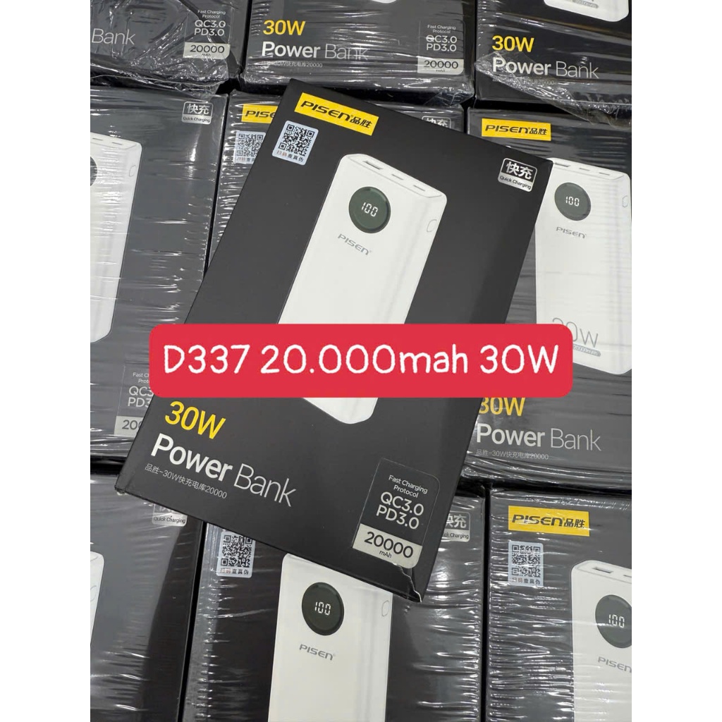 Pin Sạc Dự Phòng Pisen TS-D337 20000mAh 30W PD QC3.0 | LED Hiển Thị | Kèm 2 Cáp Sạc | Chính Hãng | P